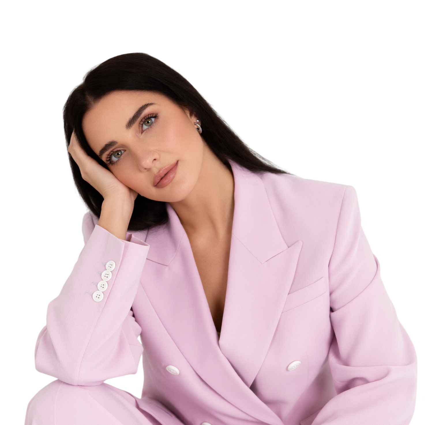 Natasha Yev in a pink suit