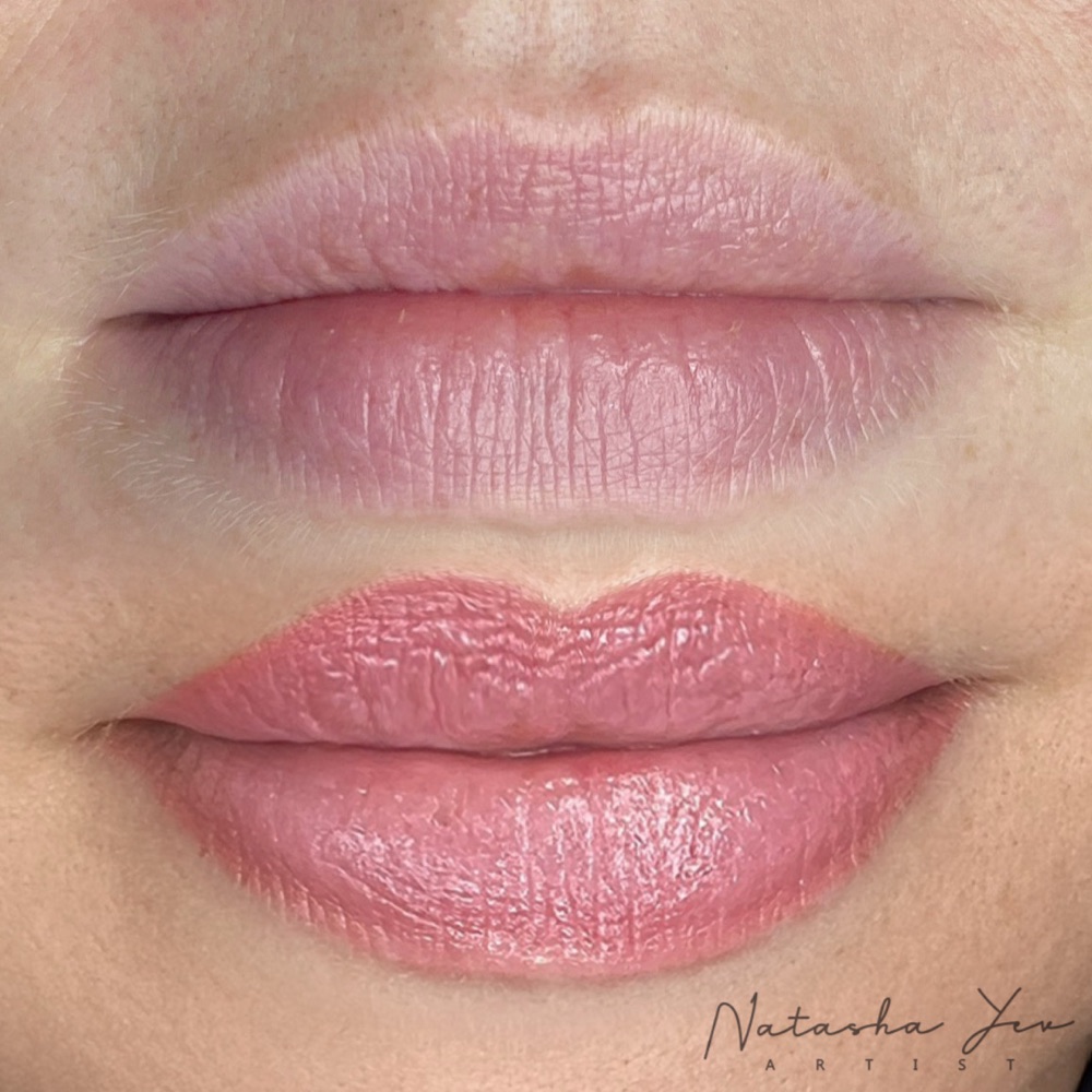 Lip blushing, before and after